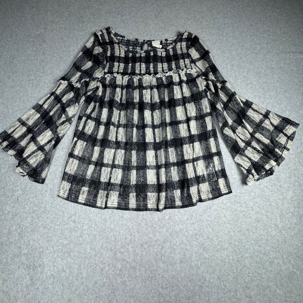 Akemi + Kin Anthropologie Plaid Lace Smocked Bell Sleeve Blouse Black White XS